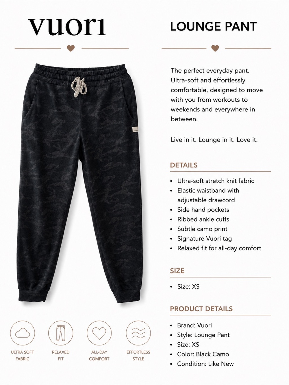 Vuori Womens Black Camo Joggers